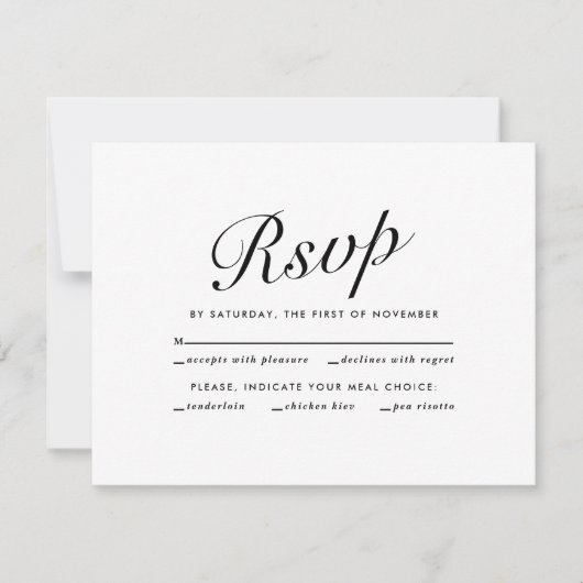 Elegant Modern Script Black White Meal Choice RSVP Feestdagenkaart (Voorkant)