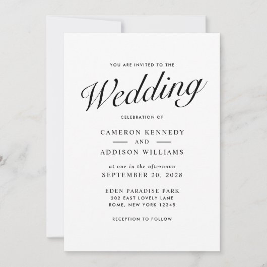 Elegant Modern Script Black + White Wedding Invite Feestdagenkaart (Voorkant)