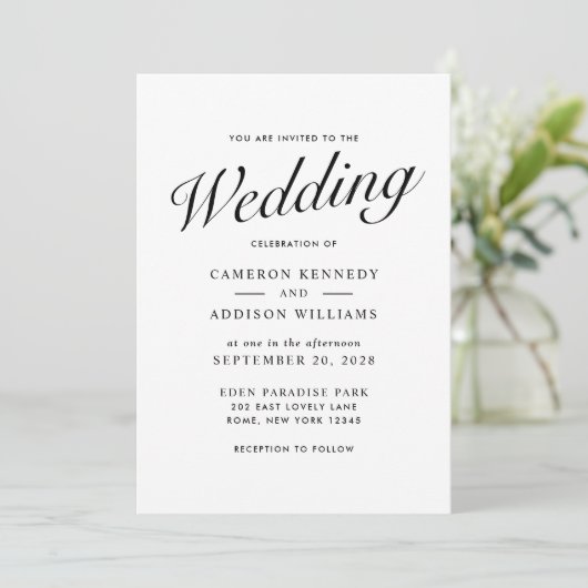 Elegant Modern Script Black + White Wedding Invite Feestdagenkaart (Staand voorkant)