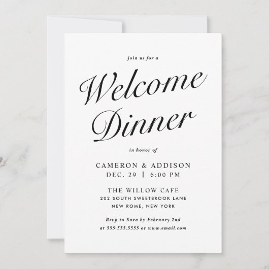 Elegant Modern Script Black + White Welcome Dinner Feestdagenkaart (Voorkant)