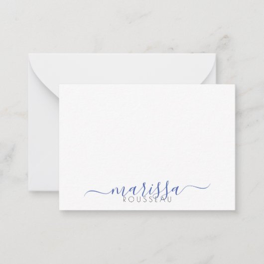 Elegant modern Script Blue Monogram Name Note Kaar Notitiekaartje (Voorkant)