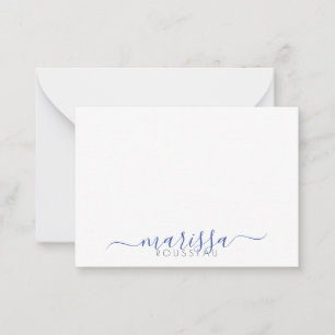Elegant modern Script Blue Monogram Name Note Kaar Notitiekaartje