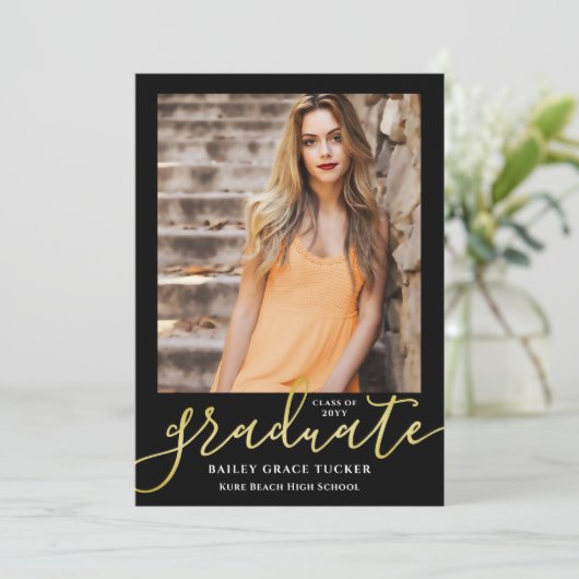 Elegant modern Script Bold Black Photo Afstuderen Aankondiging (Staand voorkant)