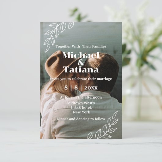 Elegant modern script botanische boho foto bruilof kaart (Staand voorkant)