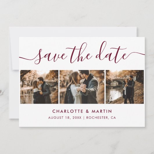 Elegant Modern Script Burgundy 4 Foto Save The Date (Voorkant)