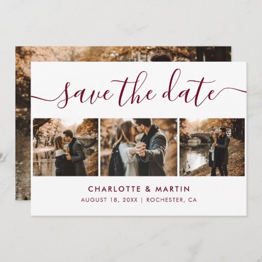 Elegant Modern Script Burgundy 4 Foto Save The Date (Voorkant / Achterkant)