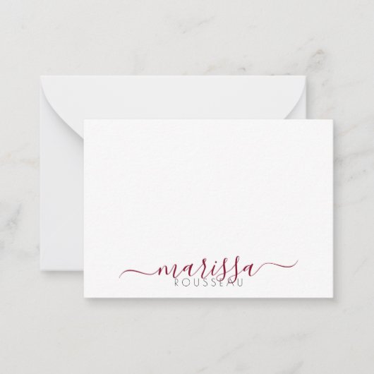 Elegant Modern Script Burgundy Monogram Naam Notitiekaartje (Voorkant)