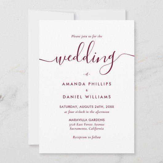 Elegant Modern Script Burgundy Wedding Kaart (Voorkant)
