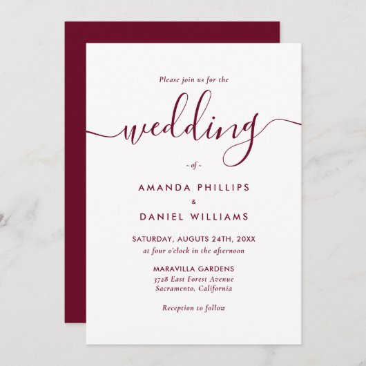 Elegant Modern Script Burgundy Wedding Kaart (Voorkant / Achterkant)