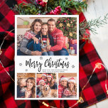 Elegant Modern Script Collage Vrolijk Kerstfeest Briefkaart<br><div class="desc">Elegant, zwart-wit Sneeuwvlokken Modern 4 Fotocollage Vrolijk kerstscript Vakantie Briefkaart. Deze feestelijke, minimalistische, grillige vier (4) foto vakantie kaart sjabloon beschikt over een fotocollage, wat sneeuwvlok en zegt Vrolijk Kerstfeest! De begroetingstekst "Vrolijk kerstfeest" is geschreven in een prachtige zwarte met de hand geletterde typografie lettertype type op witte kleur achtergrond....</div>