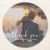 Elegant modern script Dank u trouwfoto Ronde Kartonnen Onderzetter (Voorkant)