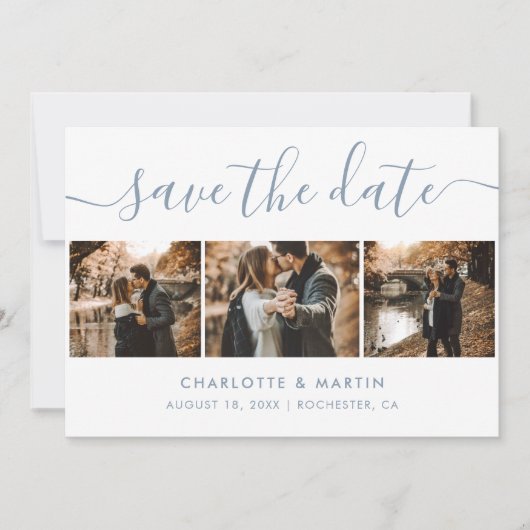 Elegant modern Script Dusty Blue 4 foto Save The Date (Voorkant)