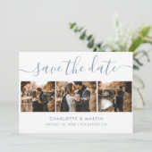 Elegant modern Script Dusty Blue 4 foto Save The Date (Staand voorkant)