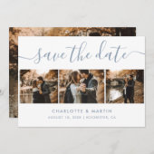 Elegant modern Script Dusty Blue 4 foto Save The Date (Voorkant / Achterkant)
