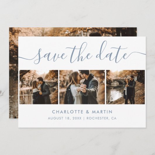 Elegant modern Script Dusty Blue 4 foto Save The Date (Voorkant / Achterkant)