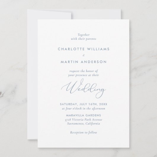 Elegant Modern Script Dusty Blue Wedding Kaart (Voorkant)