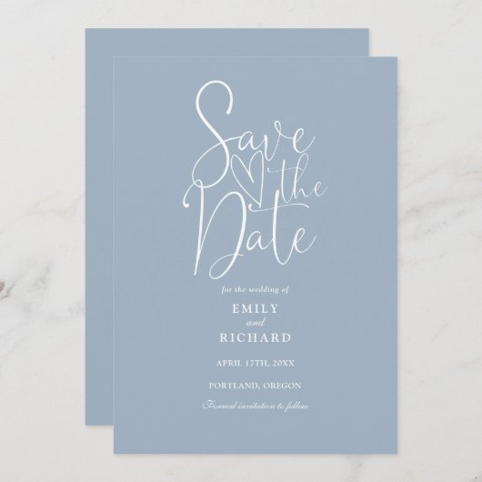 Elegant Modern Script Dusty Blue Wedding Save The Date (Voorkant / Achterkant)