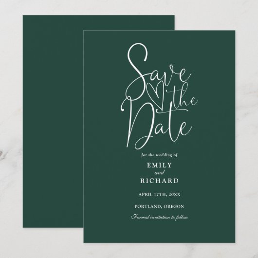 Elegant modern script Emerald Green Wedding Save The Date (Voorkant / Achterkant)