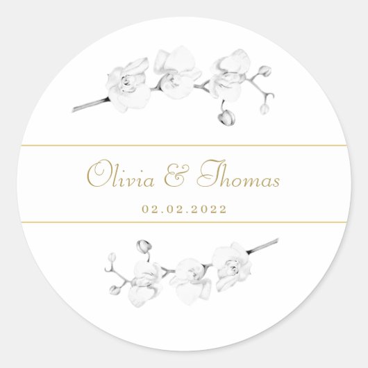 Elegant modern script Floral Gold Orchid Wedding Ronde Sticker (Voorkant)