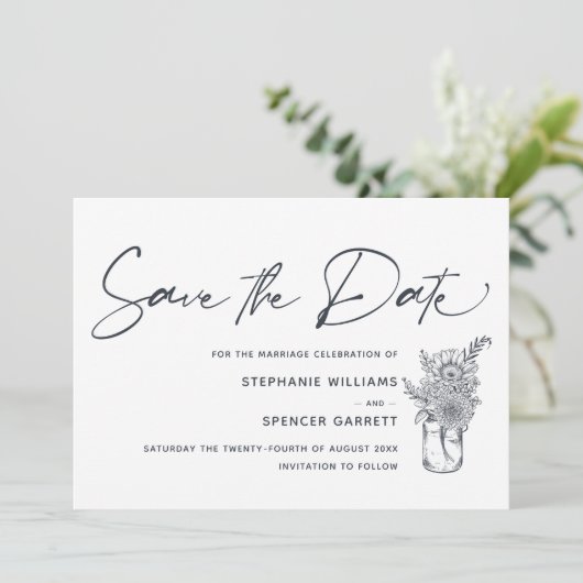 Elegant Modern Script Flowers Foto Weddenschap Save The Date (Staand voorkant)
