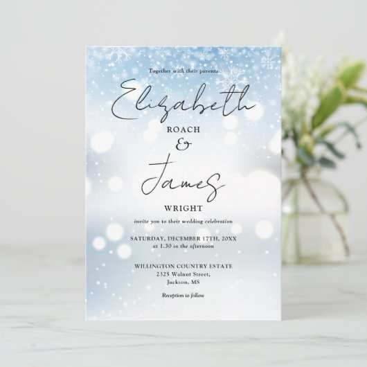 Elegant Modern Script Foto Sneeuw Winter Bruiloft Kaart (Staand voorkant)
