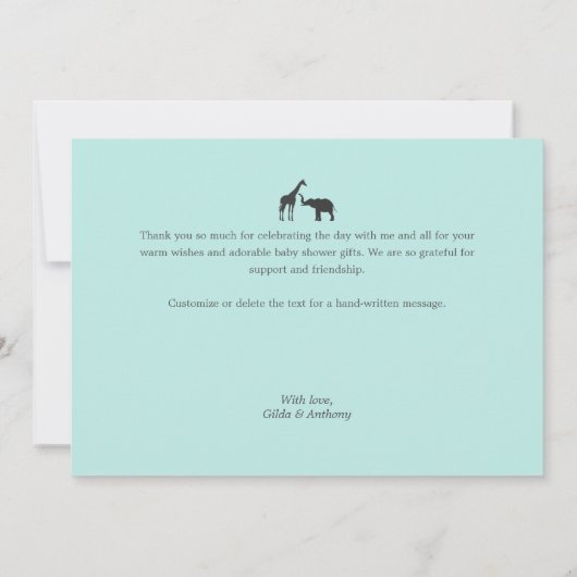 Elegant modern Script Giraffe Elephant Baby shower Bedankkaart (Achterkant)