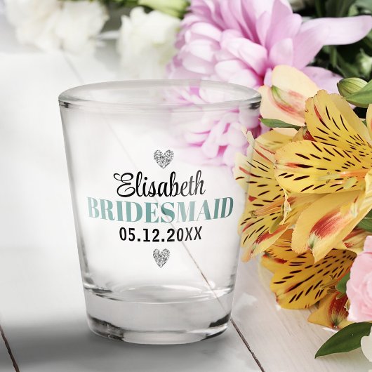Elegant Modern Script Glitter Harten Bruidsfeest Shot Glas