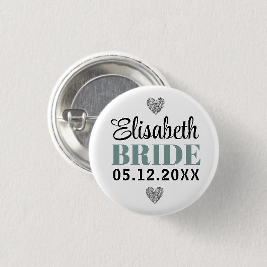 Elegant modern script Glitter Hearts Grey Bridal Ronde Button 3,2 Cm (Voorkant /achterkant)