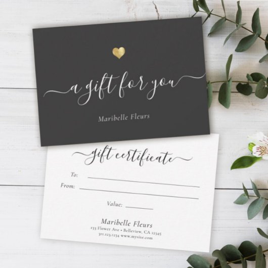 Elegant modern Script Gold Heart Cadeaucertificaat