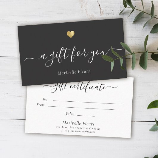Elegant modern Script Gold Heart Cadeaucertificaat Visitekaartje