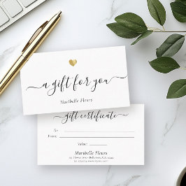 Elegant modern Script Gold Heart Cadeaucertificaat Visitekaartje