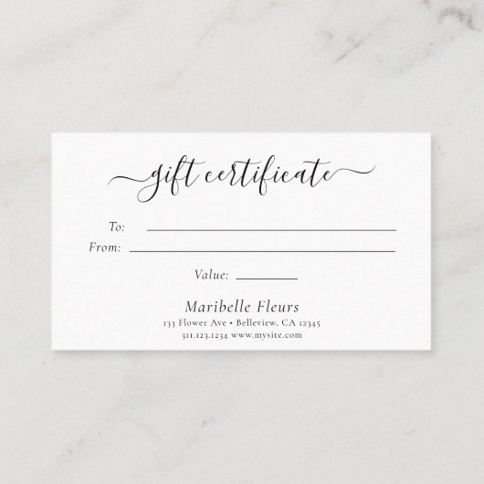 Elegant modern Script Gold Heart Cadeaucertificaat Visitekaartje (Achterkant)