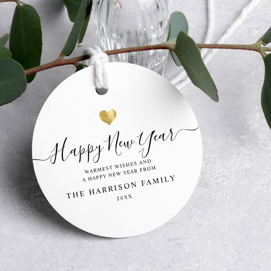 Elegant modern script Gold Heart Happy Nieuwjaar Bedankjes Labels