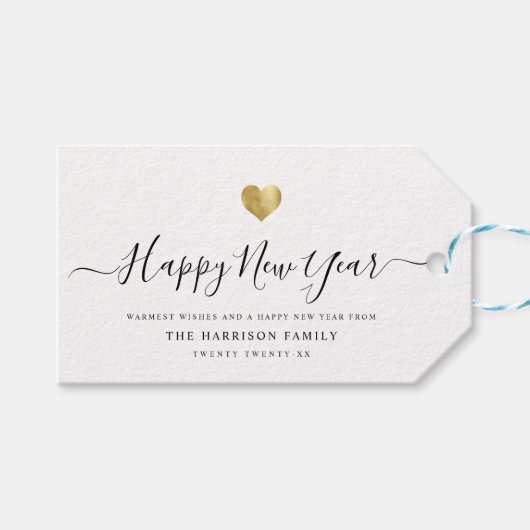Elegant modern script Gold Heart Happy Nieuwjaar Cadeaulabel (Voorkant (Horizontaal))