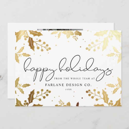 Elegant modern script Gold Mistletoe Photo Logo Feestdagenkaart (Voorkant / Achterkant)