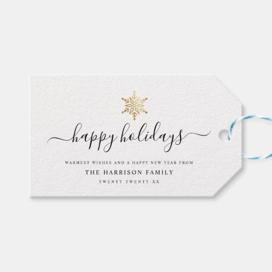 Elegant modern script Gold Snowflake Happy Holiday Cadeaulabel (Voorkant (Horizontaal))