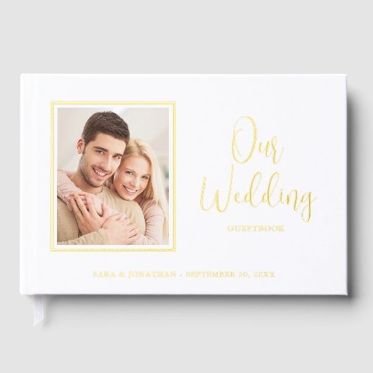 Elegant Modern Script Gouden Folie Foto Bruiloft Gastenboek (Voorkant)