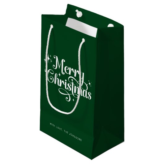 Elegant modern script groen vrolijk kerstfeest klein cadeauzakje (Voorkant Gekanteld)