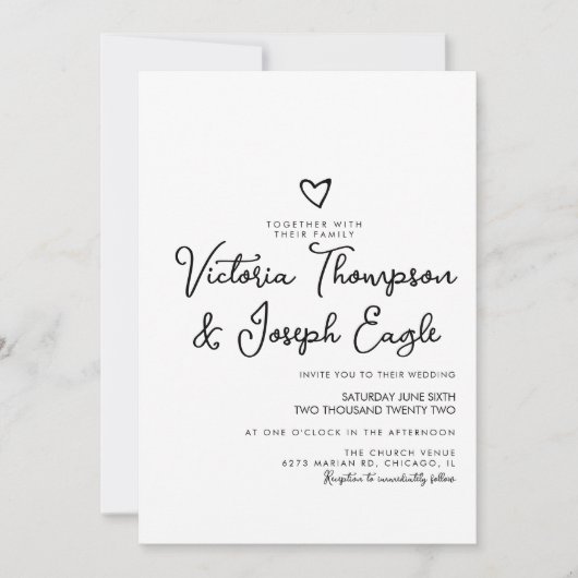 Elegant modern Script Heart Black White Wedding Kaart (Voorkant)