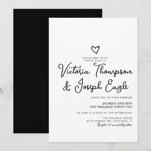 Elegant modern Script Heart Black White Wedding Kaart (Voorkant / Achterkant)