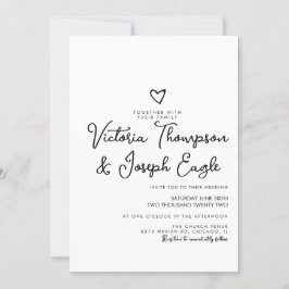 Elegant modern Script Heart Black White Wedding Kaart