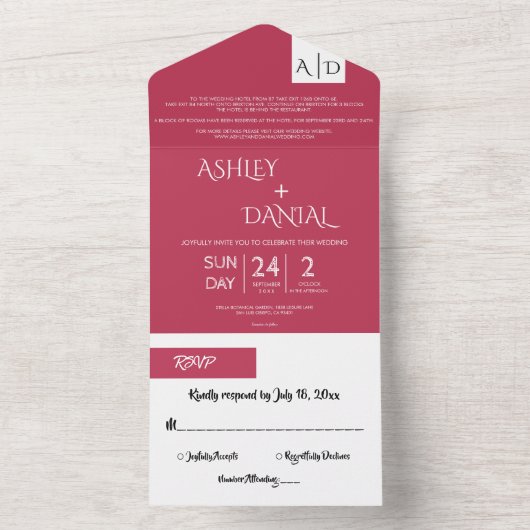 Elegant modern script Magenta Monogram Weddenschap All In One Uitnodiging (Binnen)