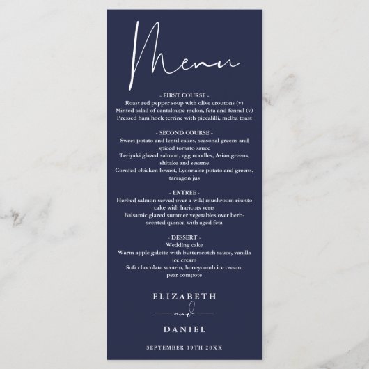 Elegant Modern Script Marine Blauw Trouwdiner Menu (Voorkant)