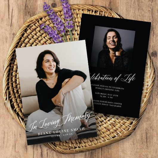 Elegant Modern Script Memorial fotokaart + uitnodi Kaart