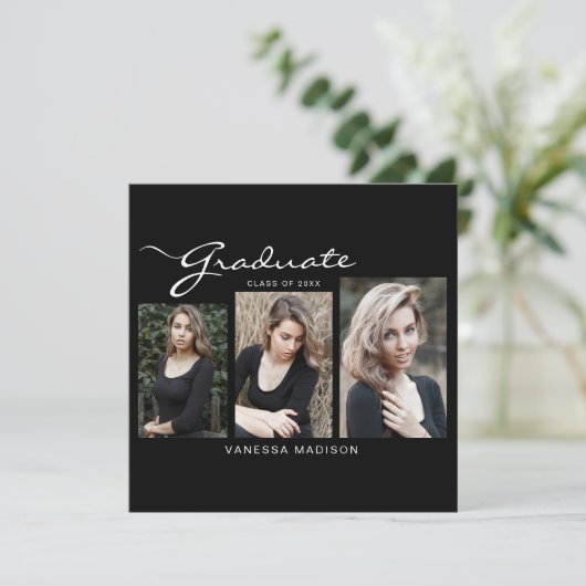 Elegant modern script minimaal | 3 Foto-Afstuderen Aankondiging (Staand voorkant)