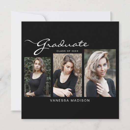 Elegant modern script minimaal | 3 Foto-Afstuderen Aankondiging (Voorkant)
