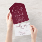 Elegant Modern Script Minimalist Burgundy Wedding All In One Uitnodiging (Afscheurbaar)