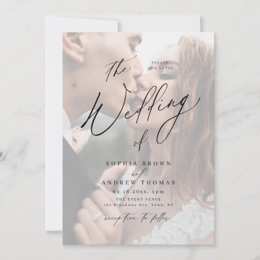Elegant modern script minimalistisch fotohuwelijk kaart (Voorkant)