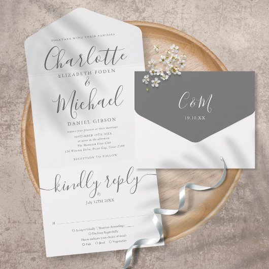 Elegant modern script minimalistisch huwelijk, all in one uitnodiging