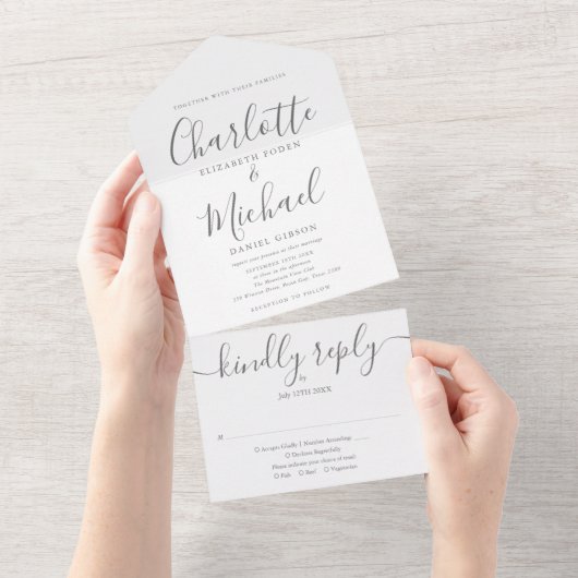 Elegant modern script minimalistisch huwelijk, all in one uitnodiging (Afscheurbaar)